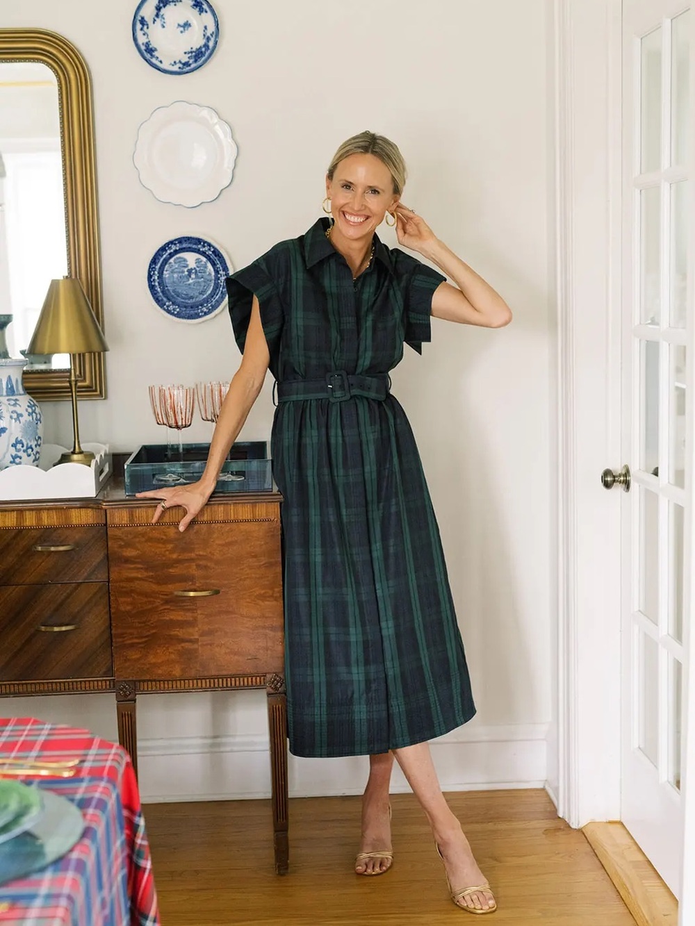 Tuckernuck Chloe Green and Navy Plaid Midi Shirtdress with Belt
